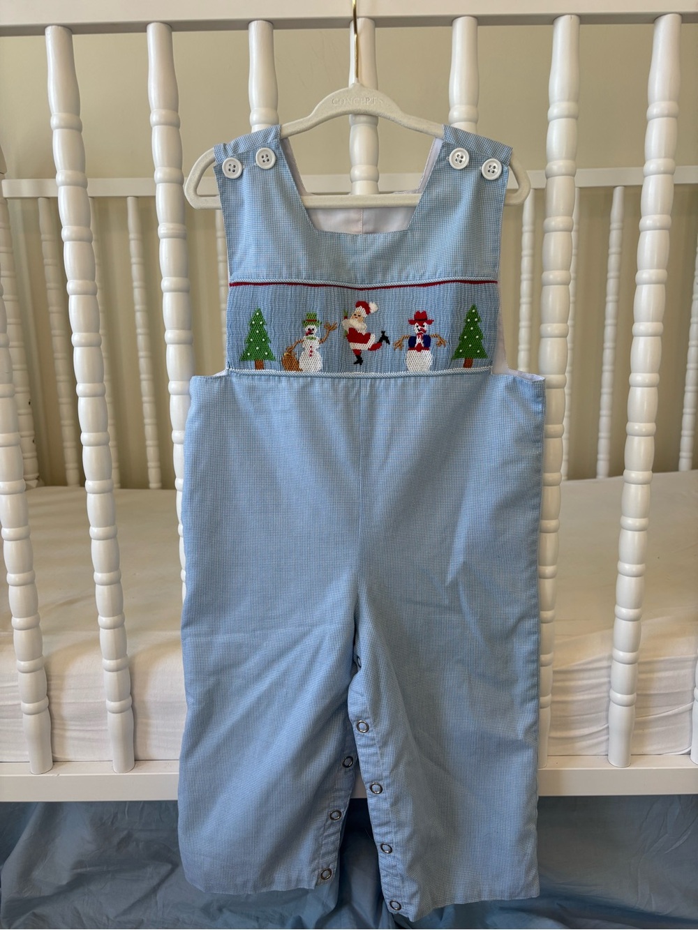 Light Blue Embroidered Santa and Snowmen Smocked Kids Long-all mom&me